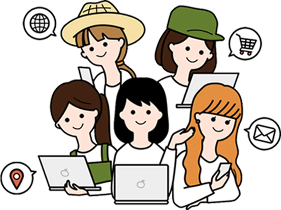 WEBサイト制作を検討する5人の女性のイラスト